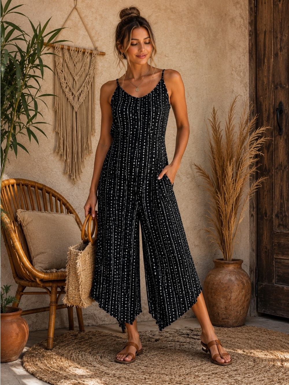 Hem & Thread Black Boho Sleeveless Jumpsuit with White Arrows Size Small